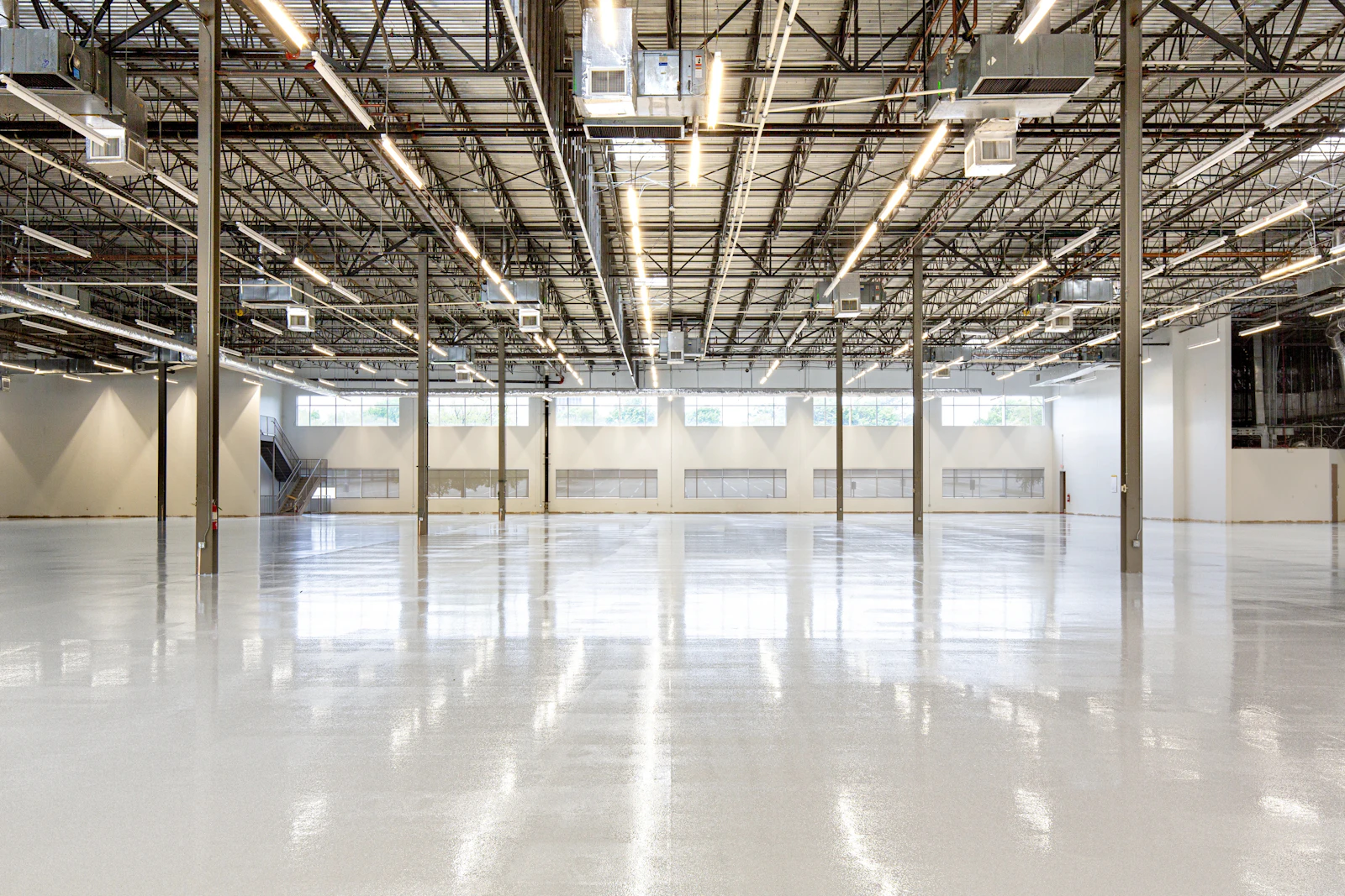An industrial facility with a finished concrete floor